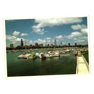Vintage Chicago Skyline Harbor Postcard Windy City Marina Boats Roadside View